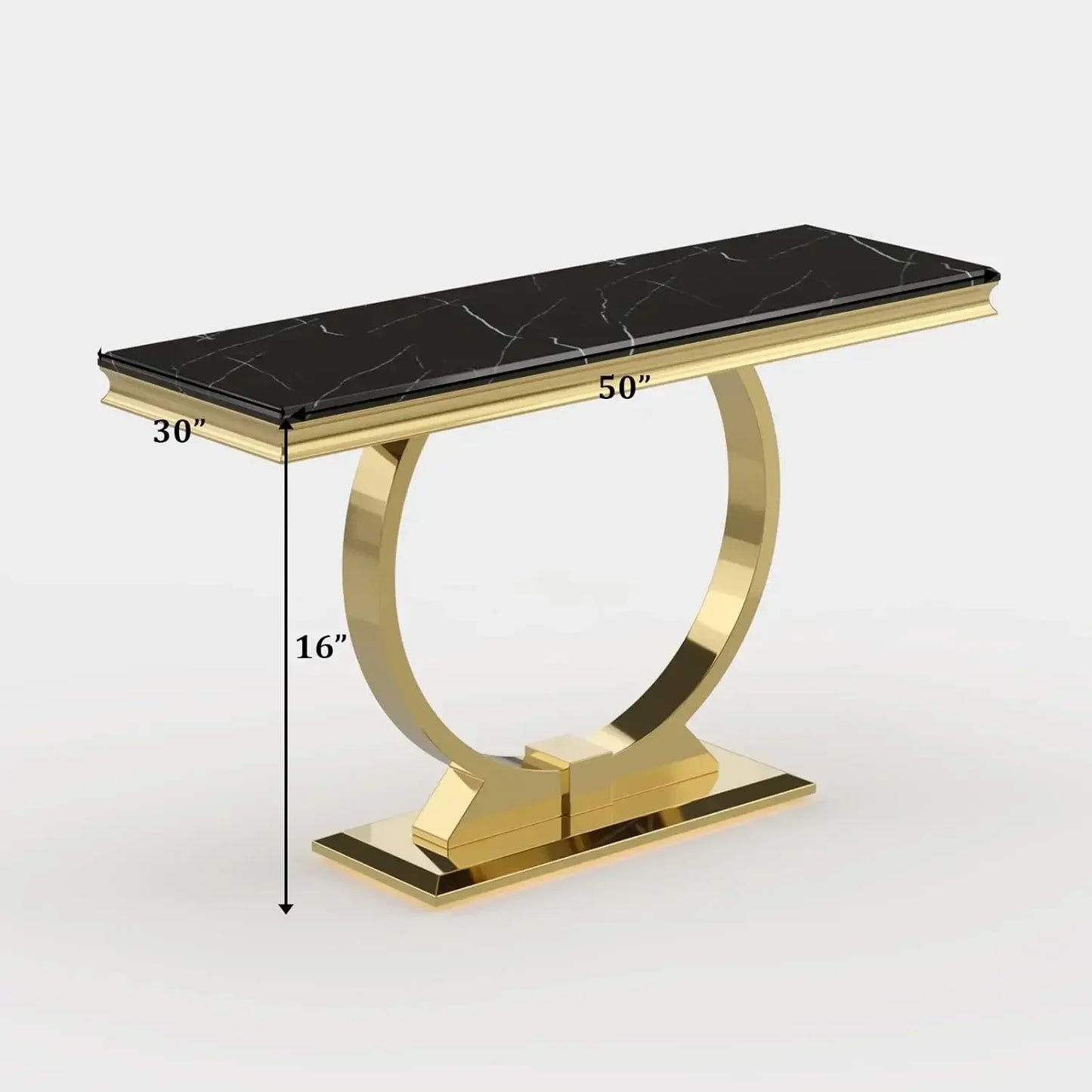 Console table with black marble top and gold metal base, showing dimensions on a white background.