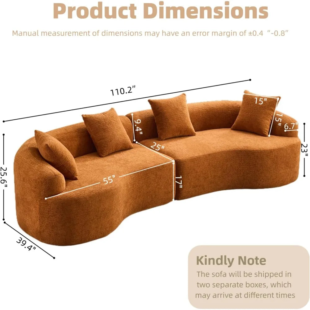 110" Curved Sectional Sofa – Luxury Chenille Fabric with Wood Grain, Oversized Modern Living Room Couch.