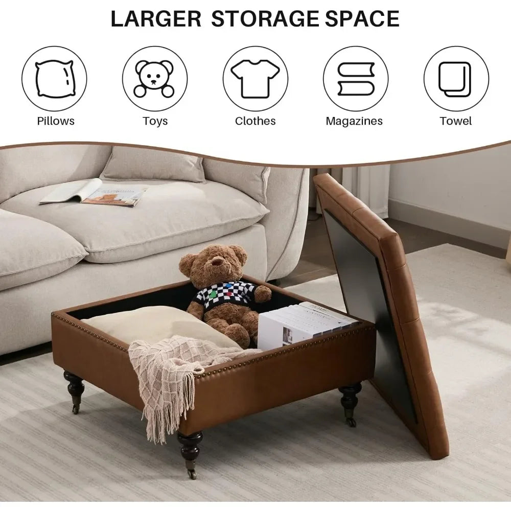 Large Square Tufted Storage Ottoman – Faux Leather Coffee Table with Wheels.
