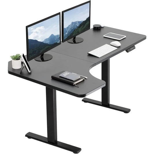 Electric Height Adjustable L-Shaped Standing Desk – 58" x 35", Reversible Black Top, Black Steel Frame.