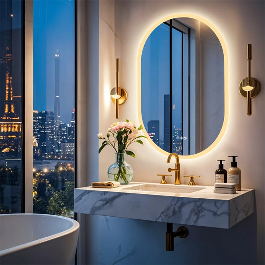 Modern bathroom with round illuminated mirror, sink, and cityscape view.