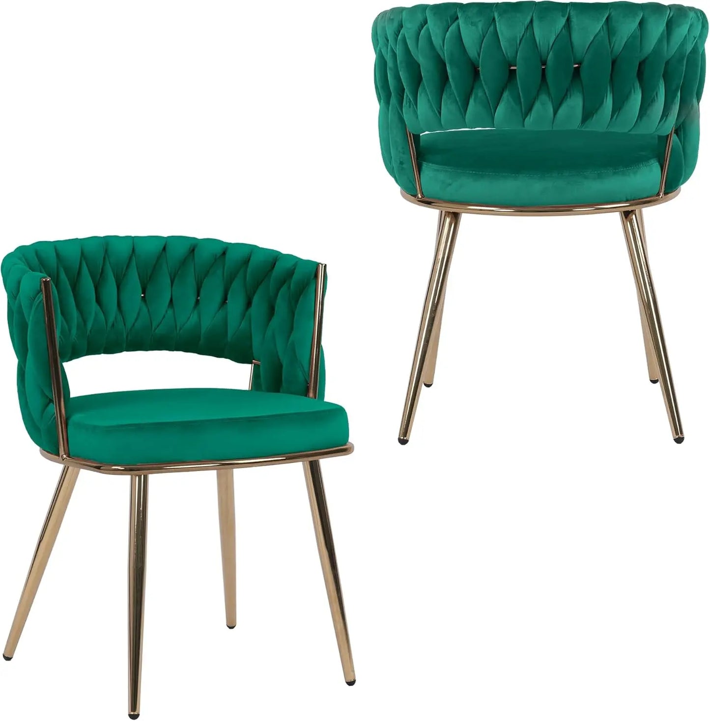 Two green velvet chairs with gold legs on a white background