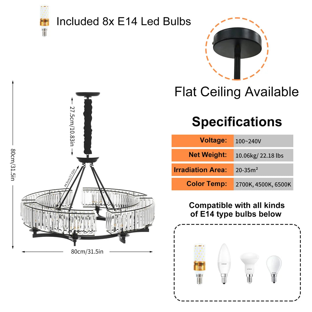 LUVODI Round Crystal Pendant Light Fixture Black Ceiling Chandelier Lamp with 3 Color Lights Adjustable Height
