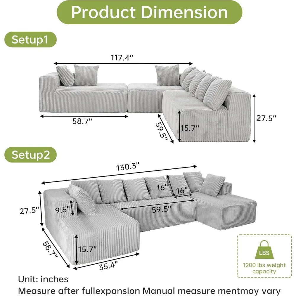 130" Boneless Modular Sectional Sofa – Corduroy U-Shaped with Chaise.