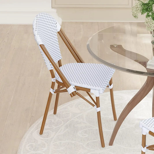 Colmar Bistro Chair – White & Gray Woven PE Seat & Back, Bamboo-Finish Aluminum Frame (Set of 2).