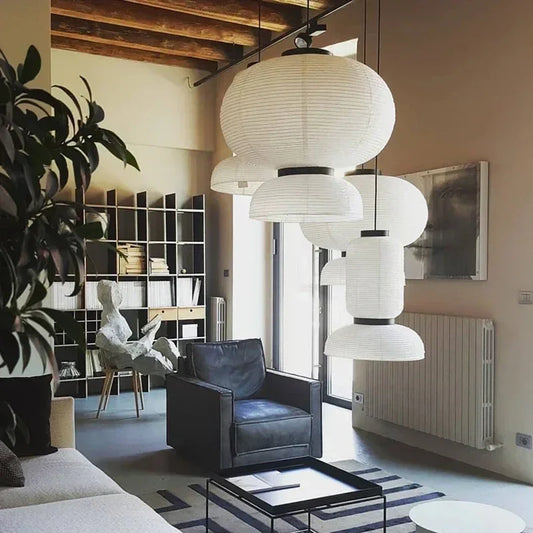 Japanese Wabi Sabi Rice Paper Pendant Lamp – Modern LED Hanging Chandelier for Living Room & Ceiling Decor.