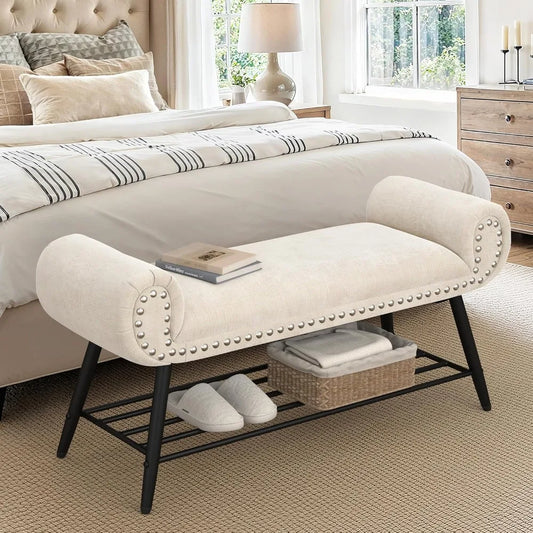 45.3" End of Bed Bench, Modern Chenille Upholstered Ottoman with Storage Shelf.