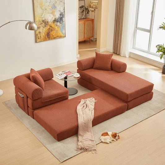 L-Shaped Modular Sofa Bed with Reversible Chaise & Cylindrical Pillow – Corduroy Convertible Floor Sofa.