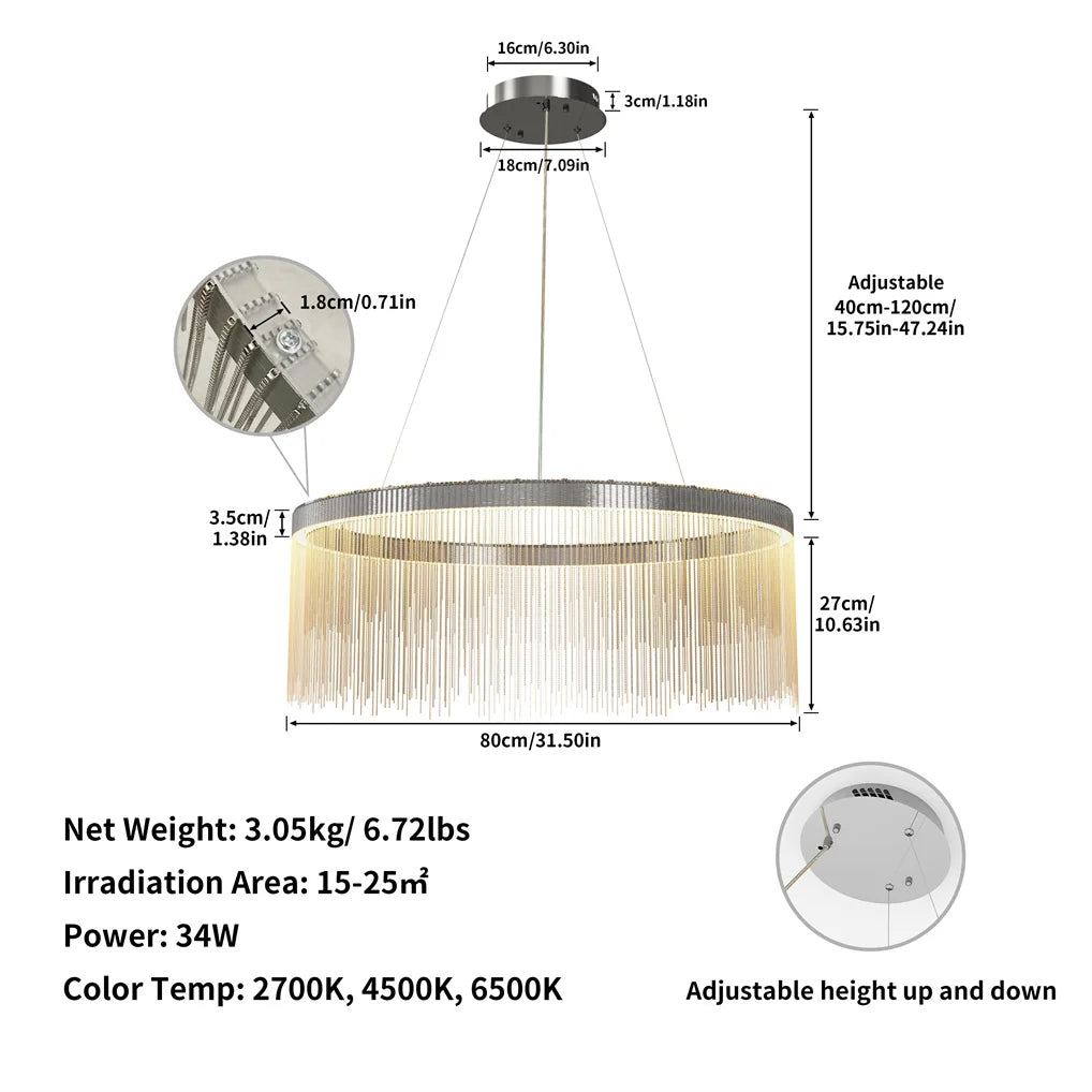 Pendant light with dimensions and specifications on a white background