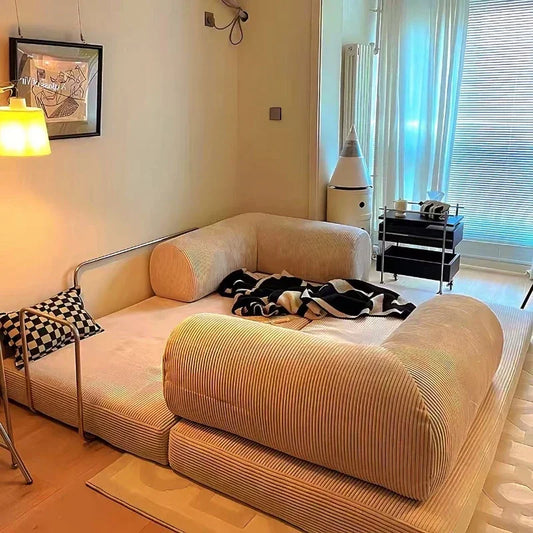 Italian Minimalist Corduroy L-Shaped Sofa Bed – Foldable, Washable, Customizable Lazy Couch.
