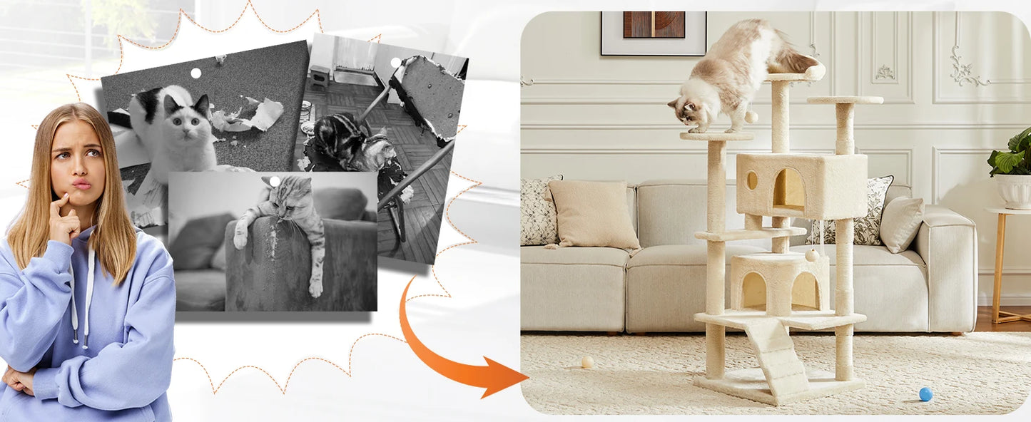 JHK 54" Multi-Level Cat Tree Tower with Sisal Scratching Post.