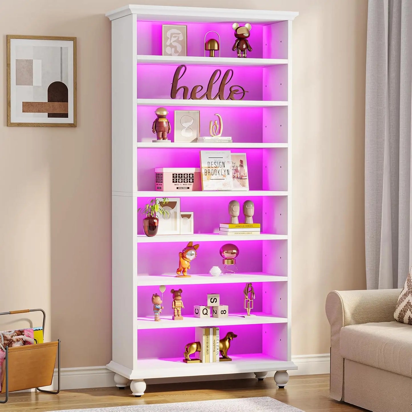 LED Bookcase with Solid Wood Legs – Freestanding Open Shelf Organizer for Living Room & Home Office.
