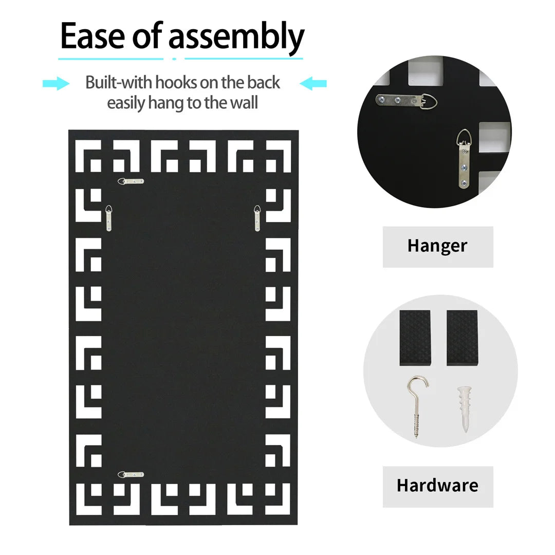 Product assembly guide with hooks, hanger, and hardware on a white background