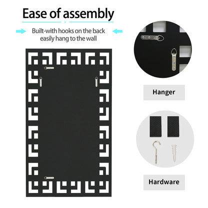 Product assembly guide with hooks, hanger, and hardware on a white background