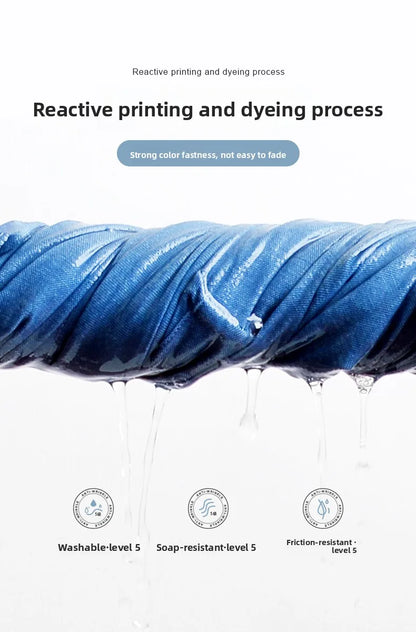 Blue fabric with water droplets and text about reactive printing and dyeing process on a white background