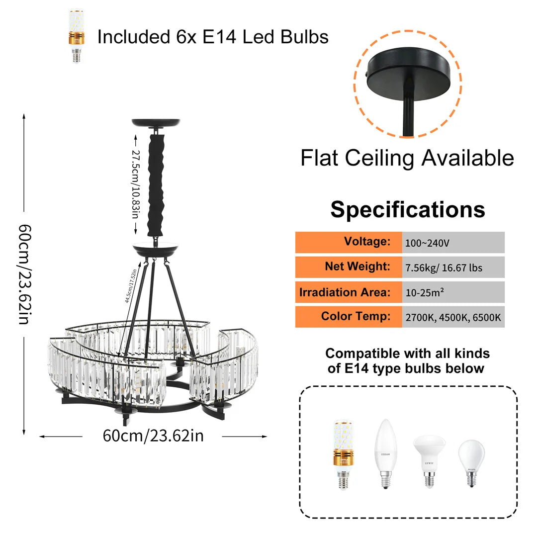 LUVODI Round Crystal Pendant Light Fixture Black Ceiling Chandelier Lamp with 3 Color Lights Adjustable Height