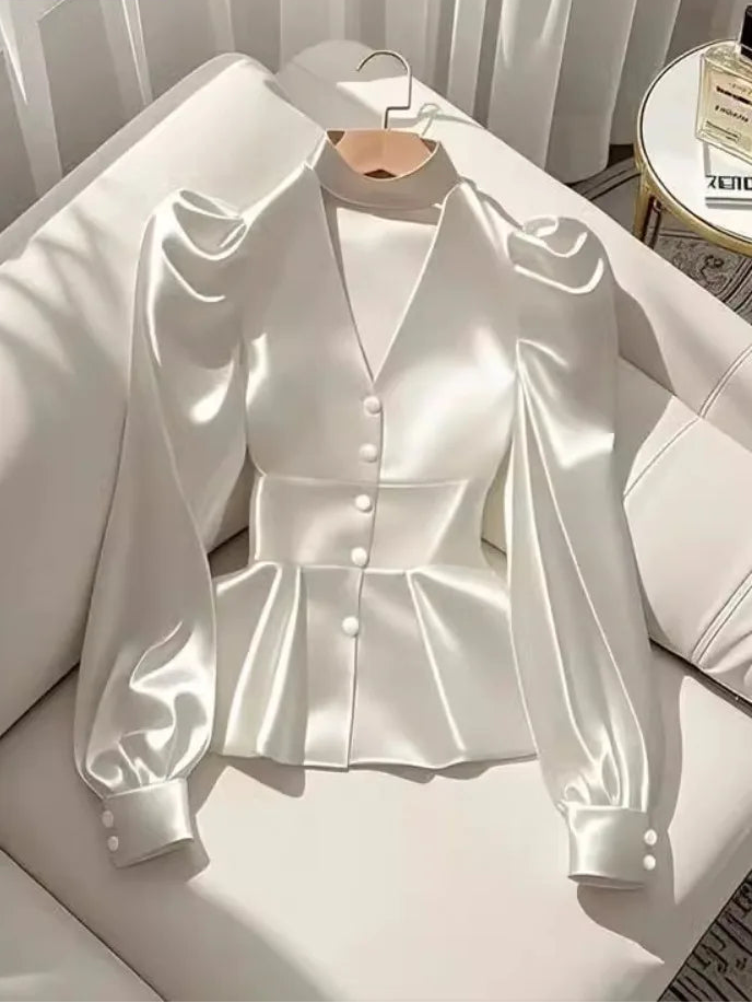 French Elegant White Satin Puff Sleeve Blouse – Waist Cinched Office Shirt.