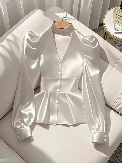 French Elegant White Satin Puff Sleeve Blouse – Waist Cinched Office Shirt.