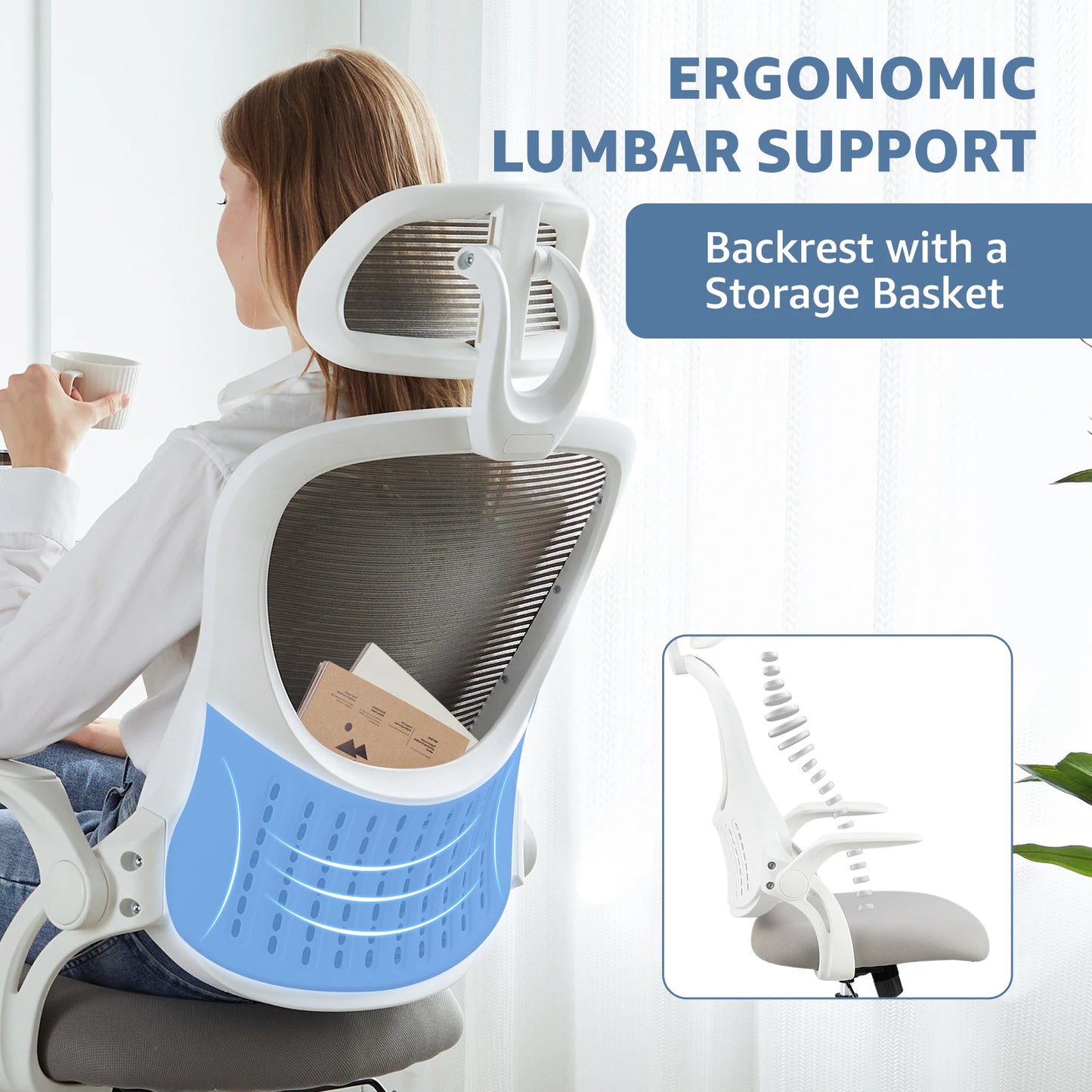 Ergonomic Mesh Office Chair with Flip-Up Arms and Adjustable Headrest – Lumbar Support for Home & Computer Desk.