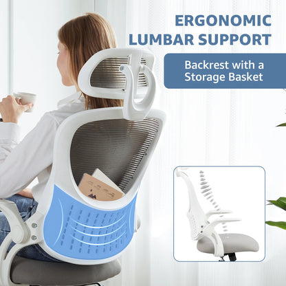 Ergonomic Mesh Office Chair with Flip-Up Arms and Adjustable Headrest – Lumbar Support for Home & Computer Desk.