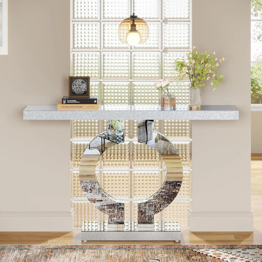 Mirrored Console Table with O-Shaped Base – Glass Accent Foyer & Entryway Sofa Table.