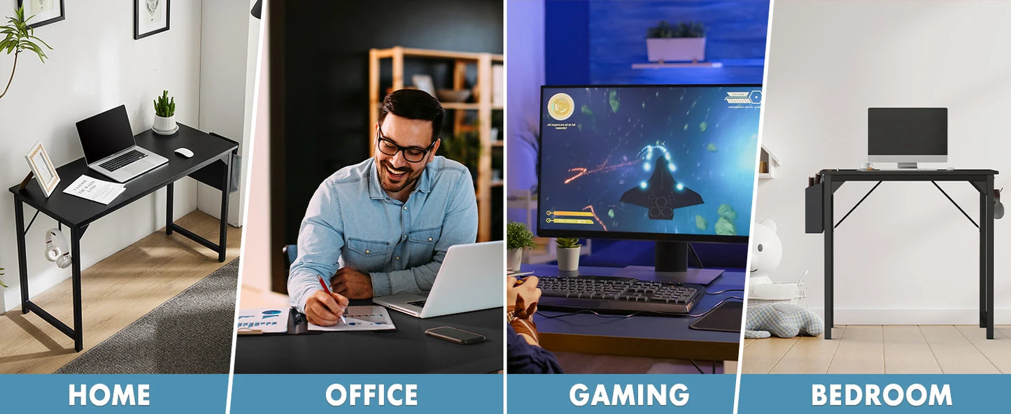 Modern Compact Computer Desk with Side Bag & Headphone Hook – Easy Assembly.