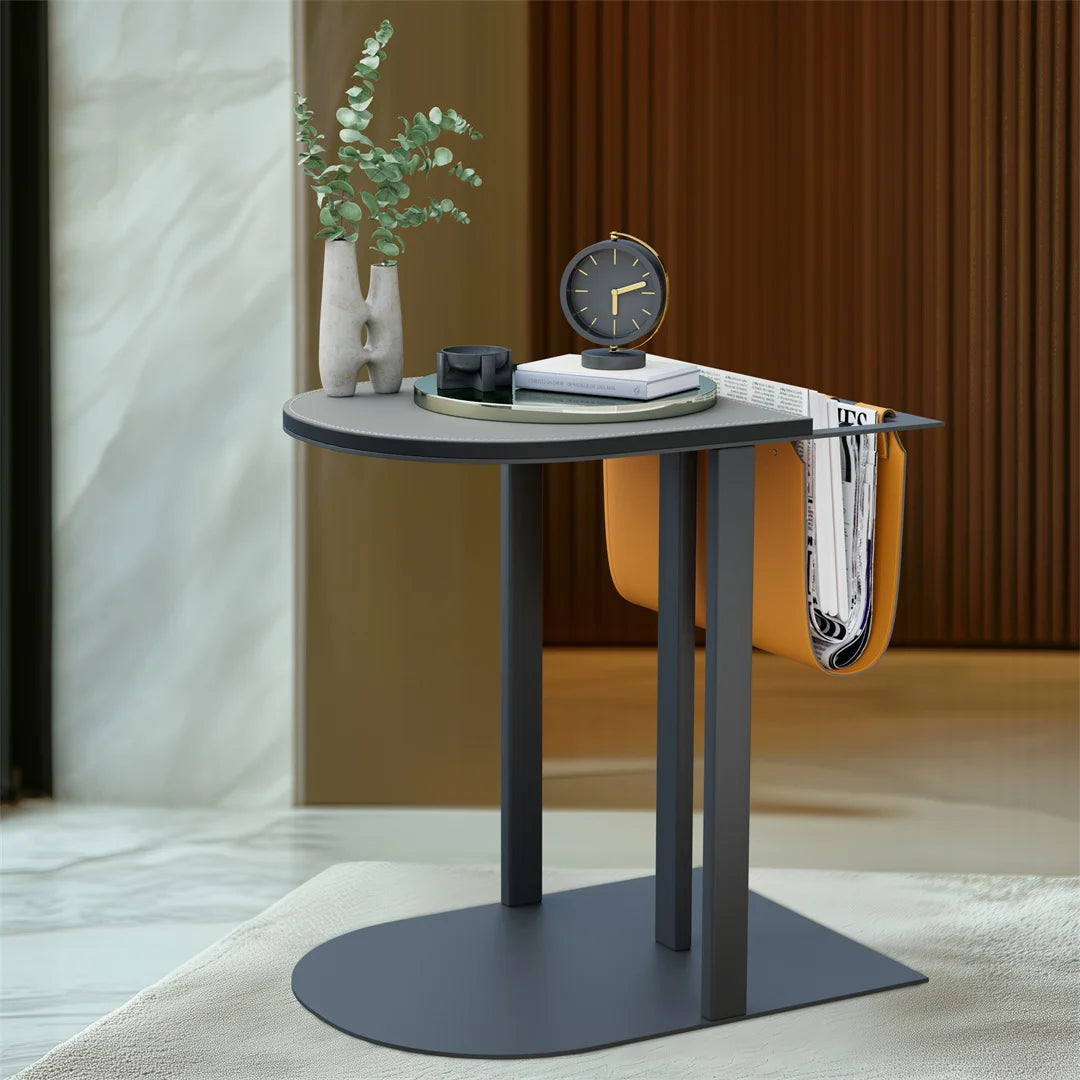 Modern side table with decorative items in a room setting