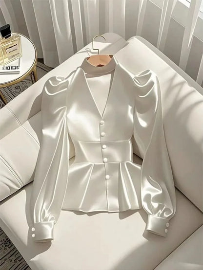 French Elegant White Satin Puff Sleeve Blouse – Waist Cinched Office Shirt.