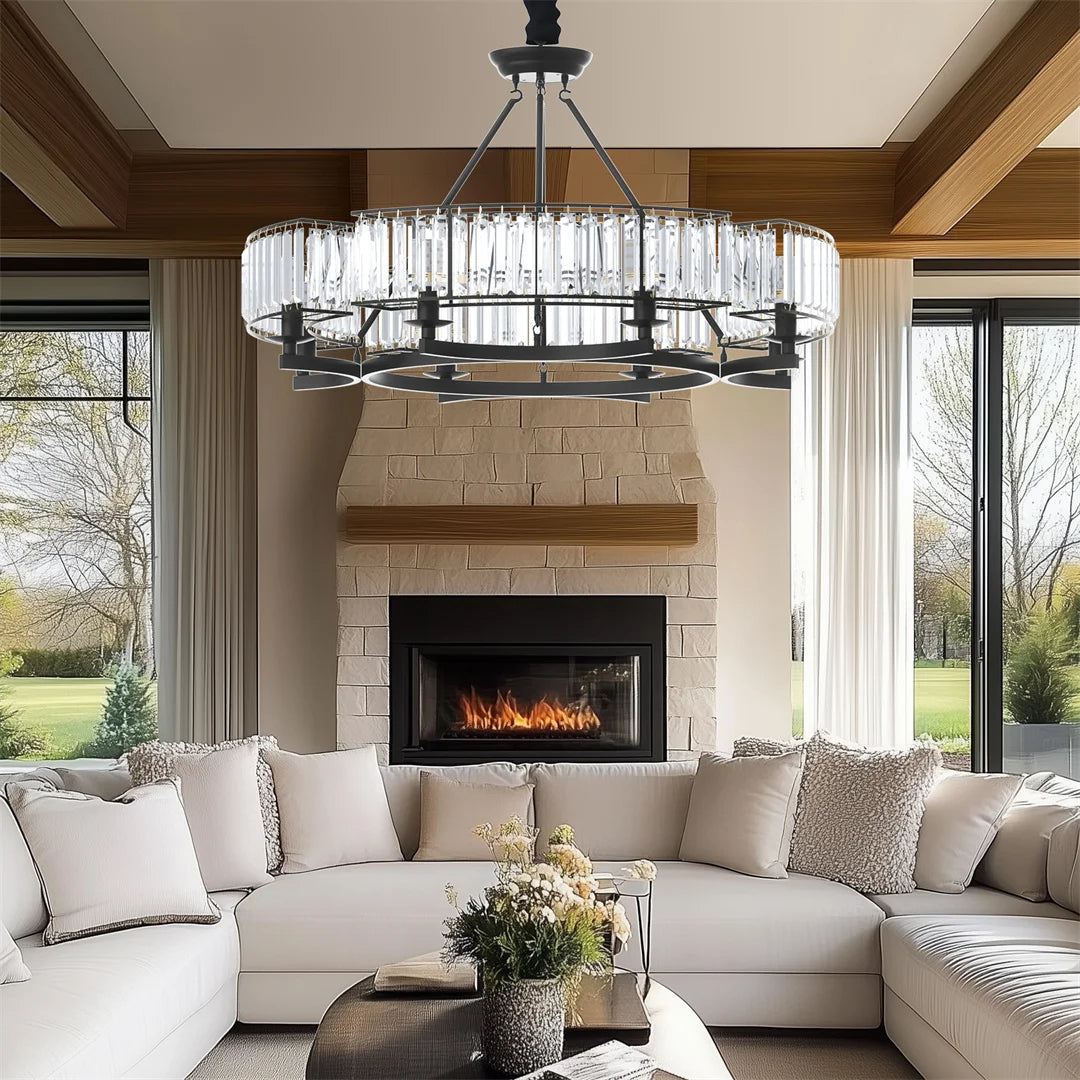 LUVODI Round Crystal Pendant Light Fixture Black Ceiling Chandelier Lamp with 3 Color Lights Adjustable Height