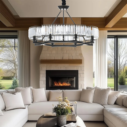 LUVODI Round Crystal Pendant Light Fixture Black Ceiling Chandelier Lamp with 3 Color Lights Adjustable Height