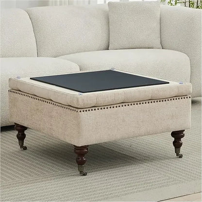 Large Square Tufted Storage Ottoman – Faux Leather Coffee Table with Wheels.
