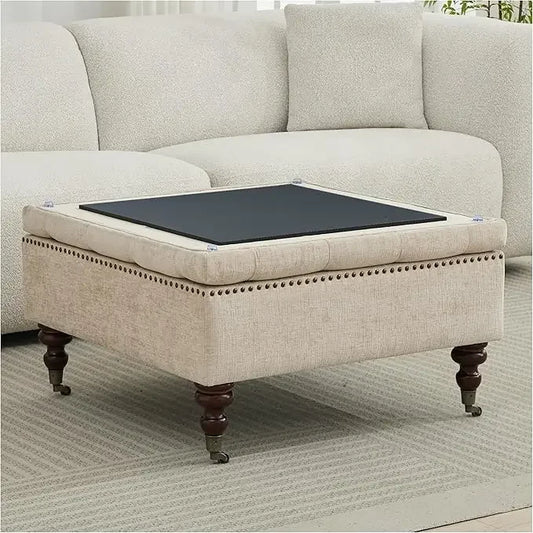 Large Square Tufted Storage Ottoman – Faux Leather Coffee Table with Wheels.