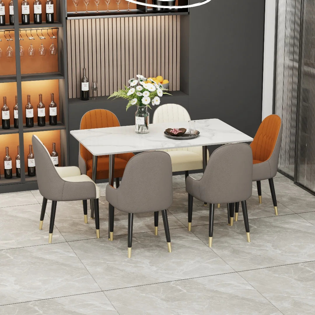 LUVODI 4-6 People Seats Marble Dining Table with Chair 1.2m Restaurant Kitchen Cafe Shop Coffee Table Furniture with Metal Legs