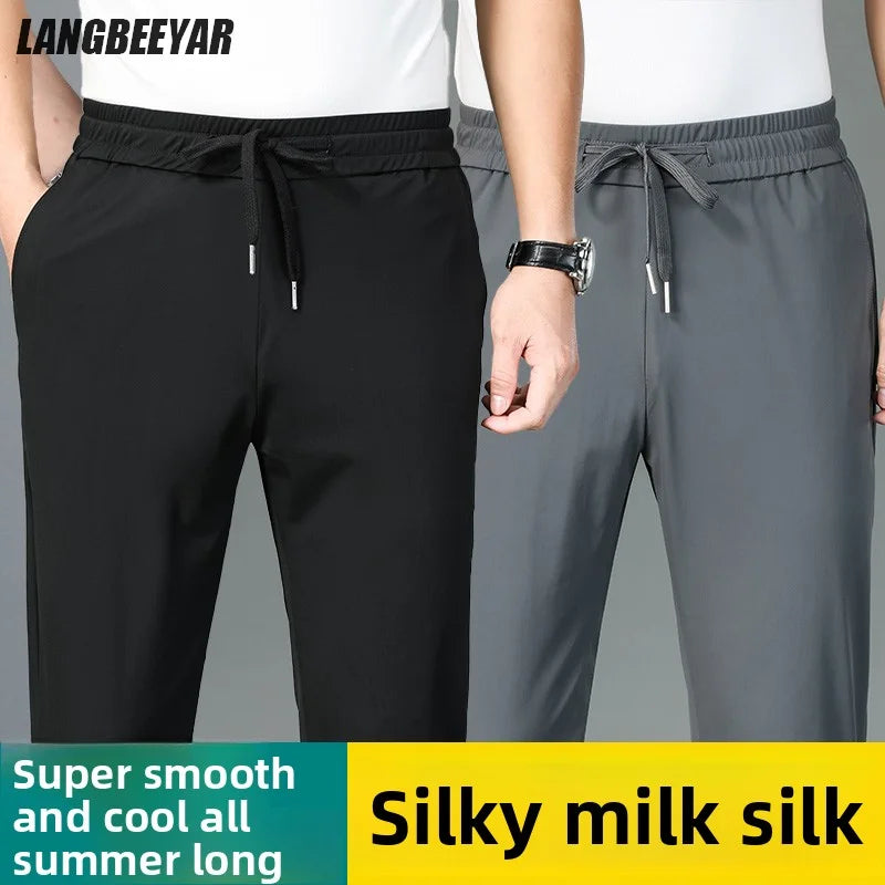 High Quality Ice Silk Stretch New Brand Casual Fashion Strappy Long Pants Elastic Pencil Street Style Teens Trousers Men Clothes