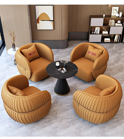 Modern living room with brown furniture set and decorative elements.