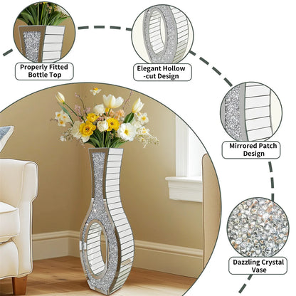 Decorative crystal vase with floral arrangement on a table, surrounded by close-up details on a beige background.
