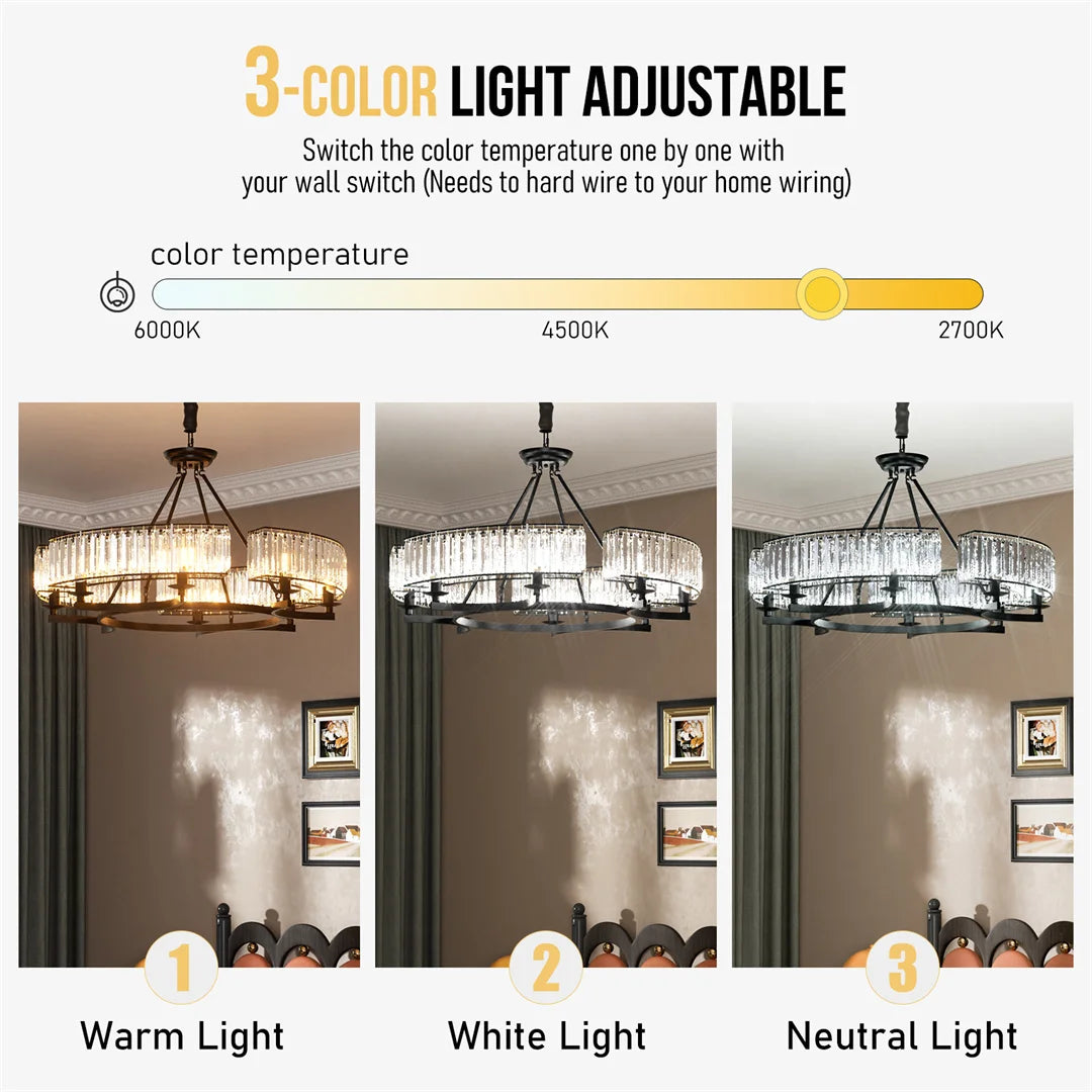 LUVODI Round Crystal Pendant Light Fixture Black Ceiling Chandelier Lamp with 3 Color Lights Adjustable Height