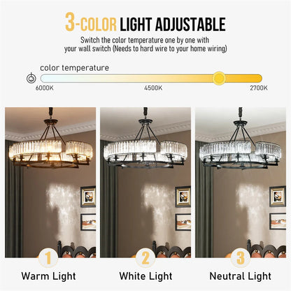 LUVODI Round Crystal Pendant Light Fixture Black Ceiling Chandelier Lamp with 3 Color Lights Adjustable Height