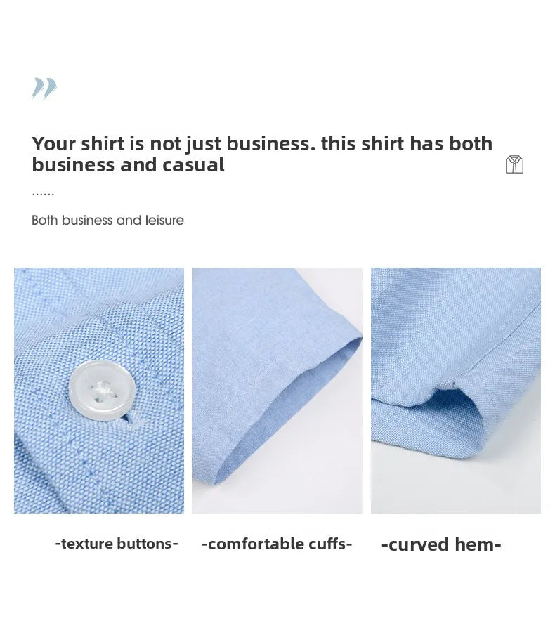 Light blue shirt with texture buttons, comfortable cuffs, and curved hem on a white background.