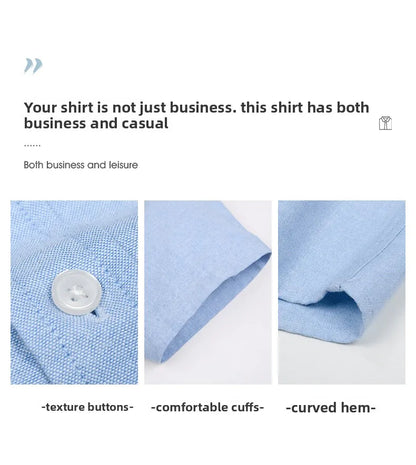 Light blue shirt with texture buttons, comfortable cuffs, and curved hem on a white background.