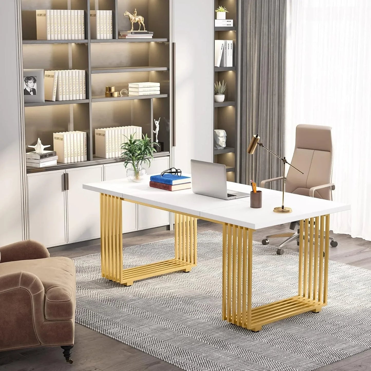 Modern White Executive Desk with Gold Metal Legs – Large Home Office Table.
