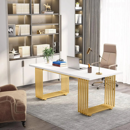 Modern White Executive Desk with Gold Metal Legs – Large Home Office Table.