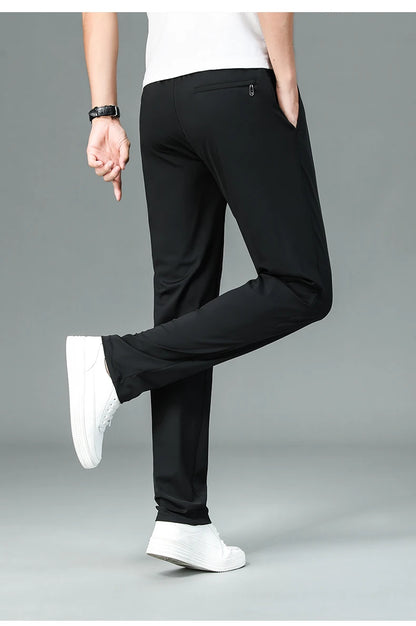 High Quality Ice Silk Stretch New Brand Casual Fashion Strappy Long Pants Elastic Pencil Street Style Teens Trousers Men Clothes