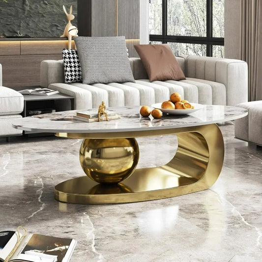 Modern Oval Stone Coffee Table – Gold Metal Base, 51"L x 28"W x 16.5"H.