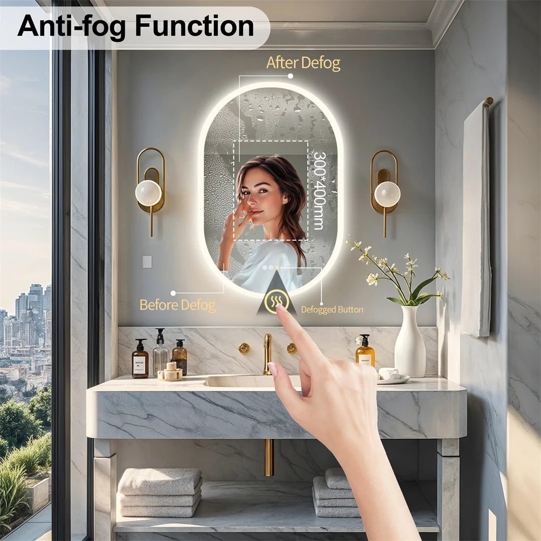 Bathroom vanity with a mirror labeled 'Anti-fog Function' showing before and after defog effects.
