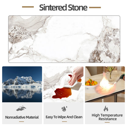 Sintered Stone product display with images of stone texture, mountain landscape, hand cleaning a surface, and a lit candle.