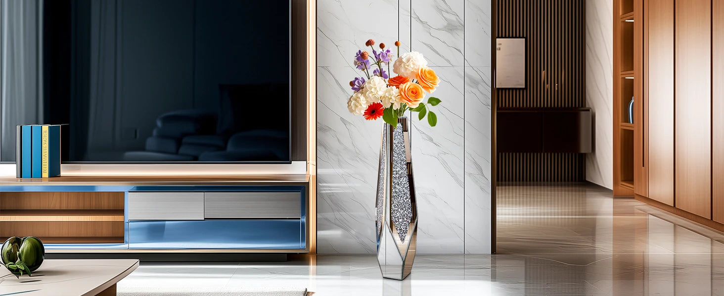 Modern living room with a vase of flowers on a coffee table