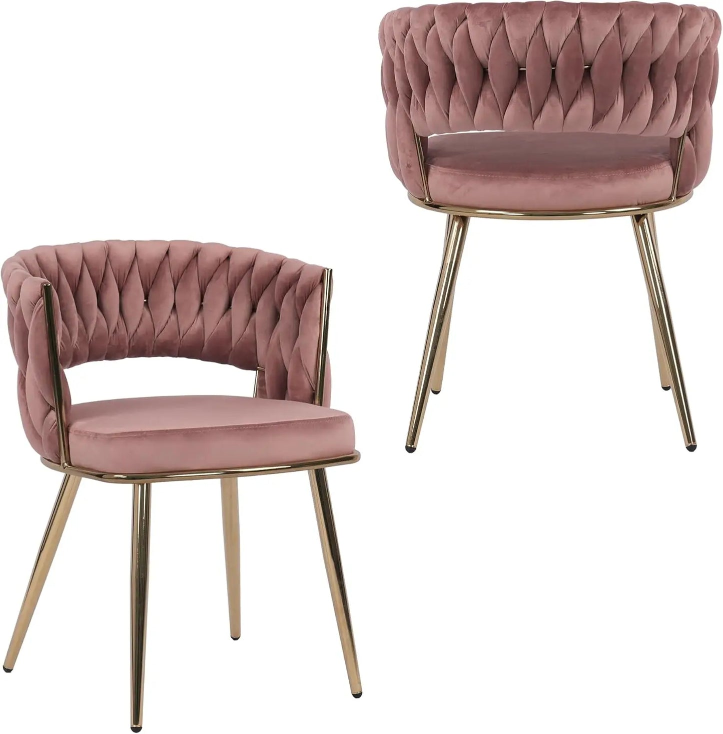 Two pink velvet chairs with gold legs on a white background