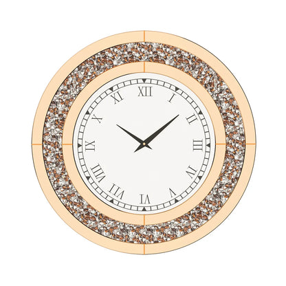 Decorative wall clock with rose gold frame and gemstone accents on a white background