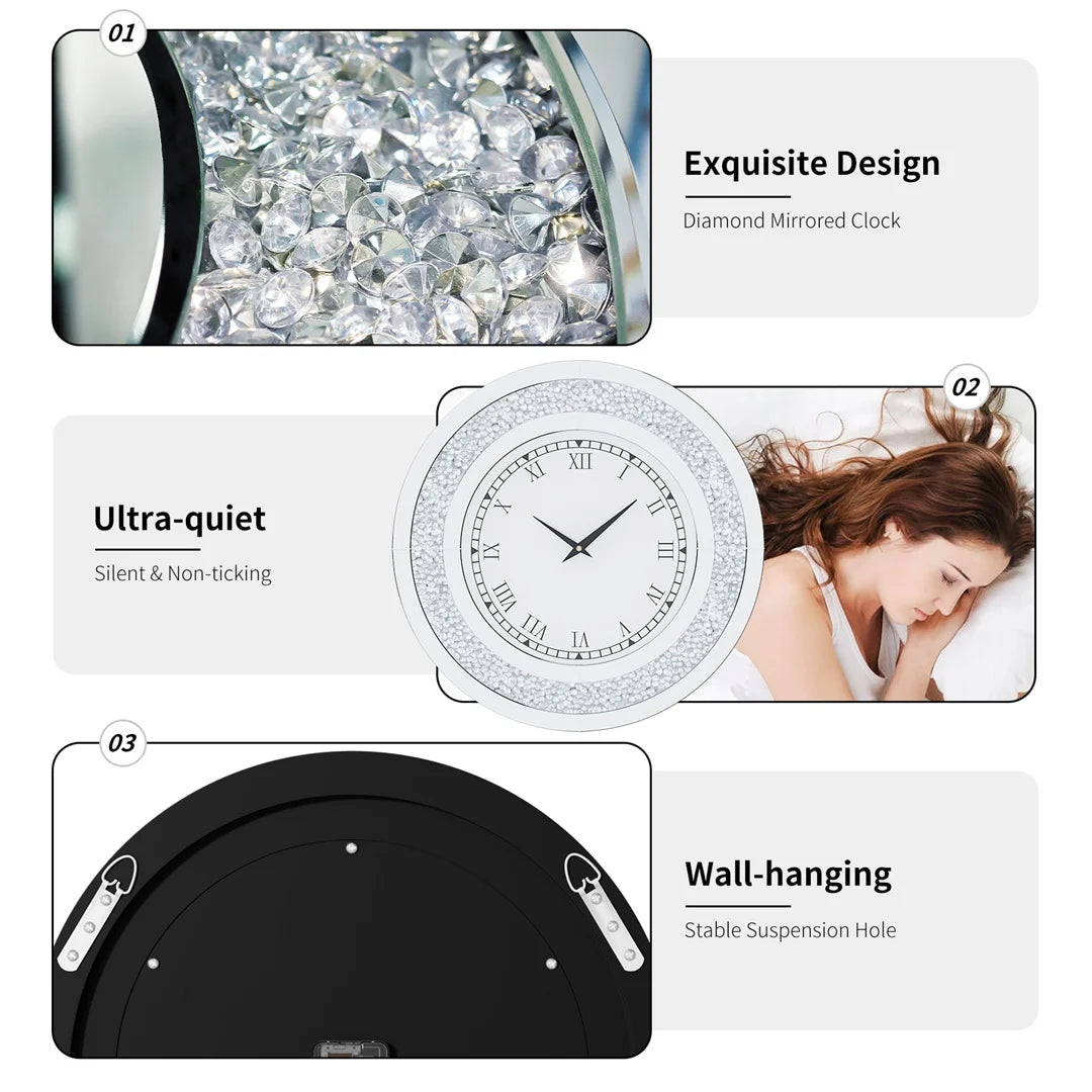 Diamond mirrored clock with features listed on a white background
